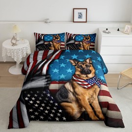 American Flag Bedding Comforters Queen Size,German Shepherd Animal Comforter Set Adult Women Room Decor,Stars Stripes USA Flag Ultra Soft Duvet Set with 2 Pillowcases, 3 Pcs