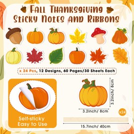 Pasimy 24 Set Fall Sticky Notes and Pens Set Classroom Gifts Fall Party Favors Thanksgiving Pens Pumpkin Maple Leaf Acorn Shaped Notepads Ballpoint Pens for School Office Supplies(Orange,Autumn)