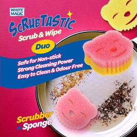 White Magic Scrubtastic Scrub & Wipe Sponge Duo 3 Pack – Dual-Action, Firm in Cold & Soft in Warm, Ergonomic Bear Shape, Scratch-Free, Odour Resistant, Safe for All Surfaces