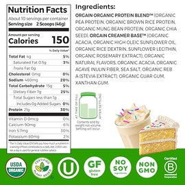 Orgain Organic Vegan Protein Powder, Birthday Cake - 21g Plant Based Protein, 7g Prebiotic Fiber, Low Net Carb, No Lactose Ingredients, No Added Sugar