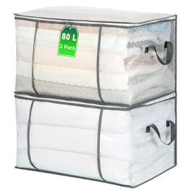 [80L/2 Pack] Clear Large Clothes Storage Bags, Plastic Blanket Storage Bags with Zipper, Clear Window Closet Organizers and Storage Container Bins for Bedding, Comforters, Pillows