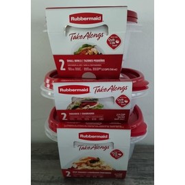Rubbermaid food storage containers, 6 pack: 2 round 3.2 cups, 2 square 2.9 cups, 2 square 5.2 cups.
