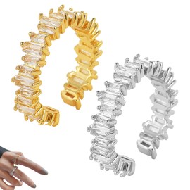 SwirlColor Cubic Zirconia Ring, 2 Pcs Adjustable Silver and Gold Rings for Women Shiny Rectangular Eternity Ring Opening Ring for Women and Girls Jewellery Gift