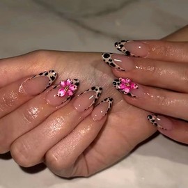 Uñas Postizas Cortas Con Diseño Francés, Diseño Almendrado, Color Marrón, Translúcidas, Con Flores, Para Primavera, 24 Unidades