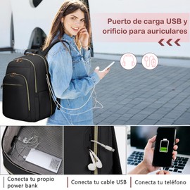 Mochila Portátil para Mujeres Mochila de Viaje de 15.6 Pulgadas con Puerto USB, Mochila Escolar Ligera Bolsa de Ordenador Impermeable para la Trabajo Viajes, Negro