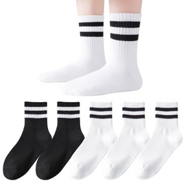 Mini angel Kids Socks Boys Girls Crew Socks 8-11 Years White Seamless Cotton Ankle Athletic Socks with Retro Stripes 5 Pairs (Black,White,L)
