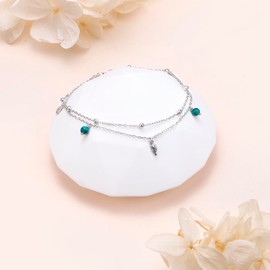 925 Sterling Silver Seahorse Shell Created Turquoise Double Layer Beaded Chain Beach Anklet for Women Adjustable 9+1 Inch
