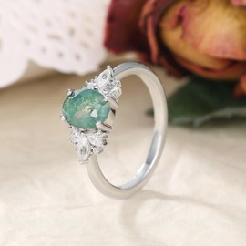 IRROYA Mix Art Deco 1.0ct-1.5ct Natural Moss Agate 925 Silver Women Rings: Various Cut Green Agate Engagement Rings Plated with Platinum, Leaf Vines & Geometric Sterling Silver Bridal Promise Ring for