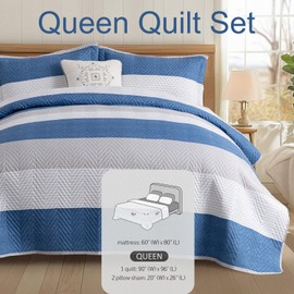 DAWNDIOR Blue Stripe Quilt Set Queen Size - 90"x96" Reversible Bedspread Two-Sided Bedding, All-Season Lightweight Bedding with Recycled Cotton, Modern Geometric Decor & Housewarming Gift