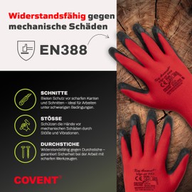 Covent VIP-ER RED Men's Work Gloves Size 6 (Set of 12) - Assembly Gloves Category II - EN388 2121X - Construction Gloves for Moving Helpers, Logisticians and Construction Workers