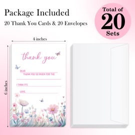 ZSHFMY Kids Birthday Thank You Cards With Envelopes, 20pcs Butterfly Wildflower Thank You Cards For Boys Girls, Double-Side Fill-in Style Thank You Notes, Thank You Gifts Birthday Supplies -02