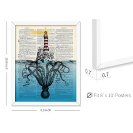 Poster Master Dictionary Art Poster - Giant Octopus Under Lighthouse Print - Octopus Art - Kraken Art - Gift for Him, Her - Nautical Decor for Bathroom, Ocean or Beach House, 8x10 White Framed