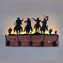 Qobumy Metal Western Cowboy Coat Hooks Wall Mounted, Battery Operated Induction Light Hooks, Woodern Coat Hangers with 5 Hooks for Coats, Keys,Backpacks, Hats,Towels, Bags,etc.