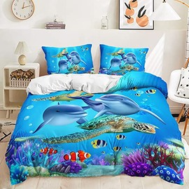 HAVOP Dolphin Duvet Cover Set Single Size 3D Bedding Kids Boys Girls Dolphin Turtle Sea Animals Print 3d Comforter Cover Soft Quilt Cover All Season Bedding Set Blue