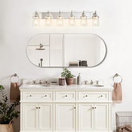 Lanhall 6-Light Brushed Nickel Bathroom Light Fixture Over Mirror Modern Bathroom Vanity Light Vintage Wall Lighting with Clear Glass Shade for Bathroom, Bedroom, Hallway, Cabinet