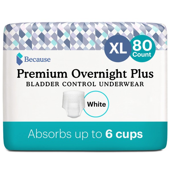 Because Unisex Premium Overnight Plus Pull Up Underwear - Extremely Absorbent, Soft & Comfortable Nighttime Leak Protection - White, X-Large - Absorbs 6 Cups - 80 Count