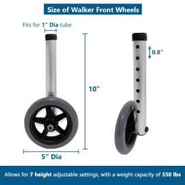 Walker Front Wheels Replacement Feet, Folding Med Lock Roller Parts, for Elderly, Disabled, Patient, 5" Dia Wheel, 2 PCS