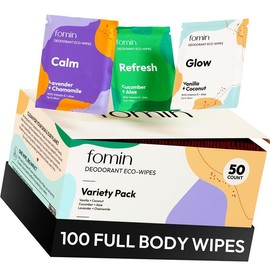 FOMIN Acidified Travel Deodorant Wipes For Women & Men - 100 Count - Variety Pack - pH Balanced, Mini Deodorant Travel Size Wipes - Plastic-Free, Individually Wrapped Underarm Body Wipes