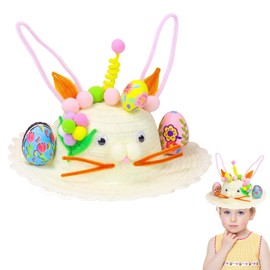 Easter Bonnet Diy Kit for Kids,Easter Cartoon Cap Make Your Own Bonnet Hat Craft Set with Straw Hats,Watercolor Pen,Egg,Hairball For Boys Girls Party Favorites and Gifts School Parade,White