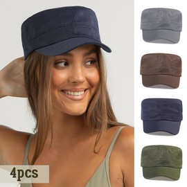 Glamorstar Unisex Cadet Army Hats 4 Pieces Military Flat Top Newsboy Cap Grey+Navy+Amry Green+Brown