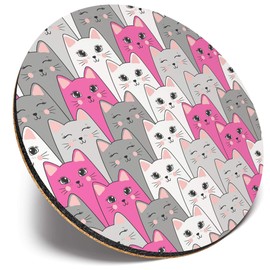 1 x Round Coaster Pink & Grey Cat Kitten Drawings Womens Girls Kids Cartoon Drawings #46046