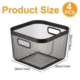 MorningRo 4 Pack Metal Mesh Basket with Hollow Handles 11 x 11 x 7.9 Inch Wire Storage Bin for Organizing Stackable Metal Fine Mesh Basket for Pantry Kitchen Bathroom Cabinets Shelves (Black)