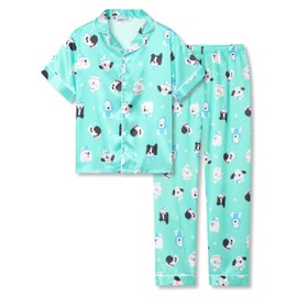 Beezizac Silky Satin Pajama for Girls - Green Dogs Coat Style Button Down Short Sleeves & Pants Set 2-Piece PJ Size 6-16