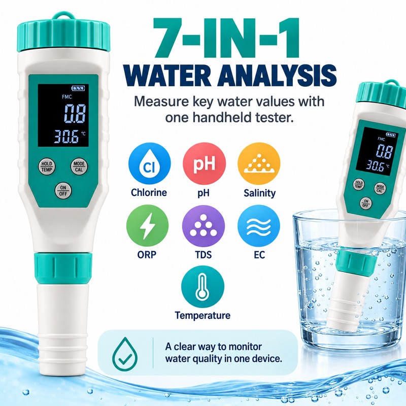 7-in-1 Digital Pool Water Tester – Professional pH, Chlorine, ORP,