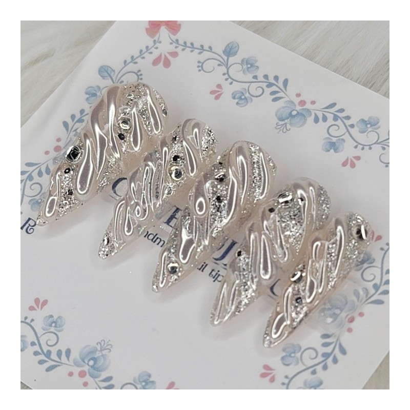 Silver Embedded Wave Handmade Nail Tips - Square L /