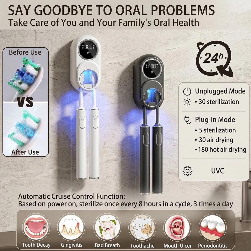 Wall-Mounted Toothbrush Holder with 2 Slots - No Drill Inductance