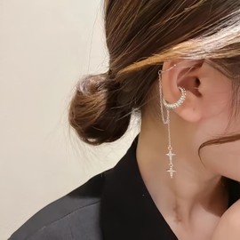 Silver Cross Clip on Earrings For Women Trendy Ear Cuffs Non Piercing Cartilage Earring,925 Silver Plated Fake Piercings Earrings Earcuff,Women's Tassel Chain Cross Star Hoop Earrings Clips for Non Pierced Ears Earing Set (Silver Cross Tassel Star)