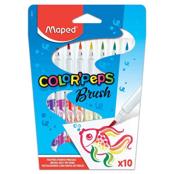 Maped Color'Peps Colouring Brush Pens Extra Soft Tip 2.8 mm and Water-Washable Ink – Case of 10 Assorted Pens