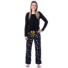 MJC International Pacman Women's Super Pac-Man Arcade Game Allover Pattern Minky Plush Pajama Pants (Medium) Black