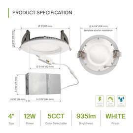 ASD LED Recessed Lighting 4 Inch, Round Commercial Downlight, Mini Panel with Baffle Trim, 4" 12W 120-277V CCT Selectable 2700/3000/3500/4000/5000K, Dimmable Ceiling Light Fixture, White, ETL