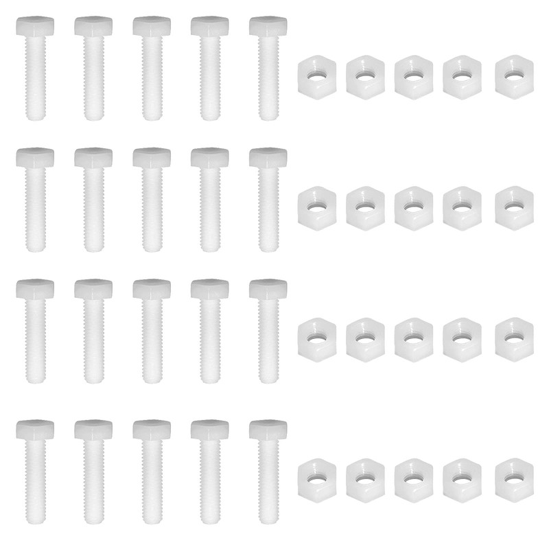 Piutouyar 20 Pair M6x25mm White Nylon Hex Bolts Plastic Hex