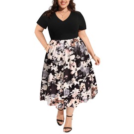 CARCOS Plus Size Dress for Women Summer Patchwork Short Sleeve Dresses White Floral Elegant V Neck Tiered Tshirt Dress with Pocket High Waist Beach Midi Dress XL 14W 16W