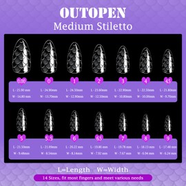 outopen 3D Fish Scales Stiletto Nail Tips 140Pcs 14 Sizes Medium Stiletto Shape Clear Acrylic Fake Nails Full Cover False Nails Tips Press On Nails for Nail Extension Salon Manicure Home DIY