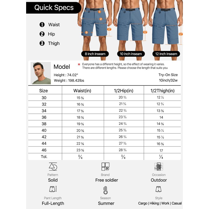 FREE SOLDIER Men's Cargo Hiking Shorts with Belt Lightweight Quick