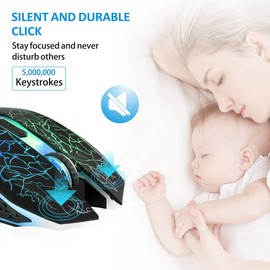 TENMOS M2 Wireless Gaming Mouse, Silent Rechargeable Optical USB Computer Mice Wireless with 7 Color LED Light, Ergonomic Design, 3 Adjustable DPI Compatible with Laptop/PC/Notebook, 6 Buttons (Black)