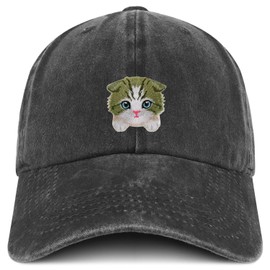 Trendy Apparel Shop Scottish Fold Cat Embroidered Patch Pigment Dyed Low Profile Cotton Baseball Cap - Black