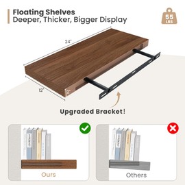 Heimlove 24 x 12 Inch Deep Floating Shelves Wall Mounted with Invisible Brackets,Storage Hanging Shelf for Wall Decor in Bathroom, Bedroom, Toilet, Kitchen, Living Room, Office Set of 2 (Walnut)