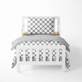 Bacati - Dots/pin Stripes Neutral Grey/Yellow 4 Pc Toddler Bedding Set 100 Percent Cotton Includes Reversible Comforter, Fitted Sheet, Top Sheet, and Pillow Case for Boys/Girls