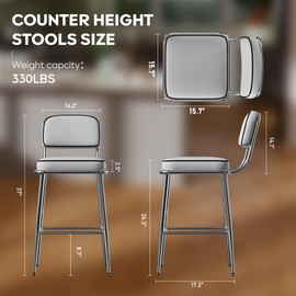 Bananister 26" Counter Height Bar Stools Set of 2 - PU Leather Upholstered Barstools with Back Support, Heavy-Duty Metal Frame, Modern Kitchen Island Stools for Home & Cafe, Grey