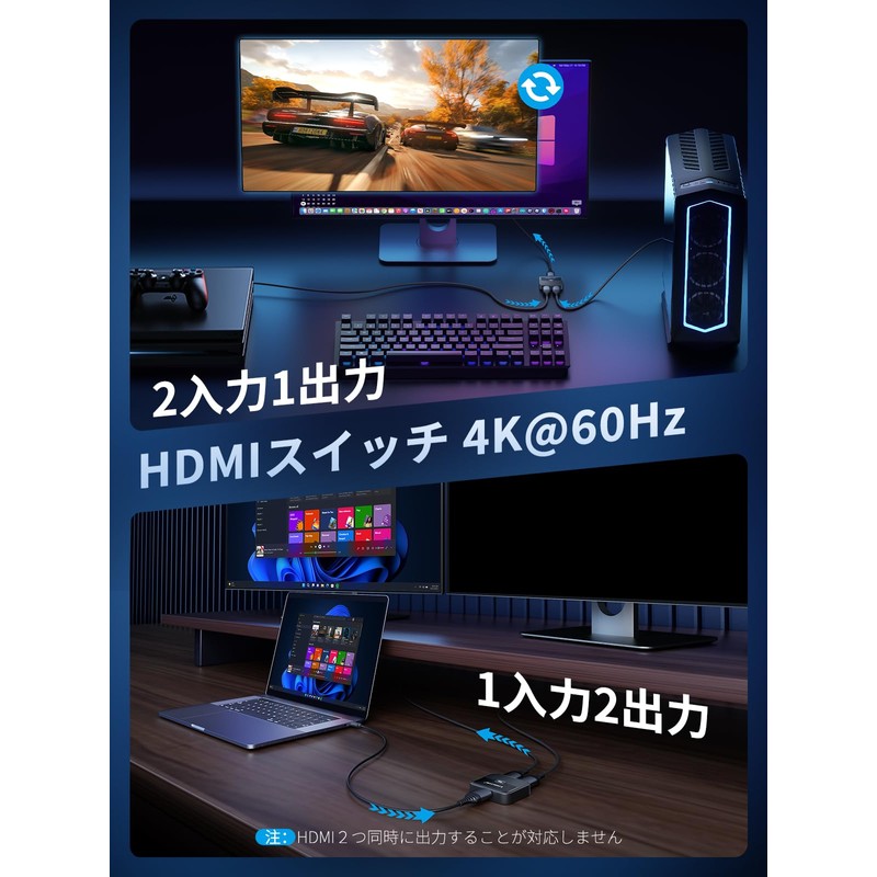 HDMI Switcher, 2 Input, 1 Output, 4K@60Hz, Bi-Directional, HDMI Selector,