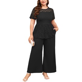 ZOMVA Plus Size Mother of Bride Groom Pant Suits Elegant Lace Short Sleeve Pantsuits 2 Piece Sets Formal Wedding Guest, Black, 3X