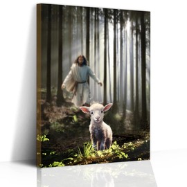 Christian Wall Art Jesus Chasing Lost Lamb Jesus and Lamb Canvas Print Inspirational Wall Decor Canvas Print Christian Gift 12x16 inch Framed