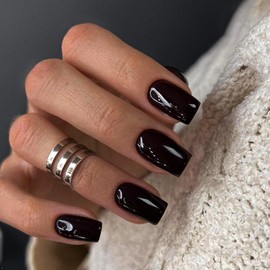 KQueenest All Black Press on Nails Short Medium Square Glue on Set, Solid Color Fake Short Coffin Acrylic Gel Nails for Women Daily Wear 24 Pcs