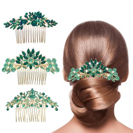 Set de 3 peinetas para cabello de mujer con cristales verdes