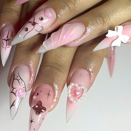 24Pcs Pink Press on Nails: Almond Shaped Fake Nails with 3D Pearl Heart Bow Designs - Pink Gradient, Long Stiletto, Full Cover Glue on Nails for Coquette Women Girls