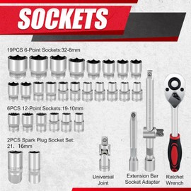 EACELIY 32pcs 1/2" Drive Impact Socket Set,Metric, Deep with 3/8"F to 1/2"M Universal Joint,Extension bar (5” & 10”),Ratchet Wrench,Spark Plug Socket,6 &12 Point,CR-V Steel,Mirror Chrome